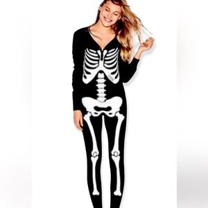 Victoria's Secret PINK Thermal Sleep Onesie Halloween Black Skeleton Large NWOT